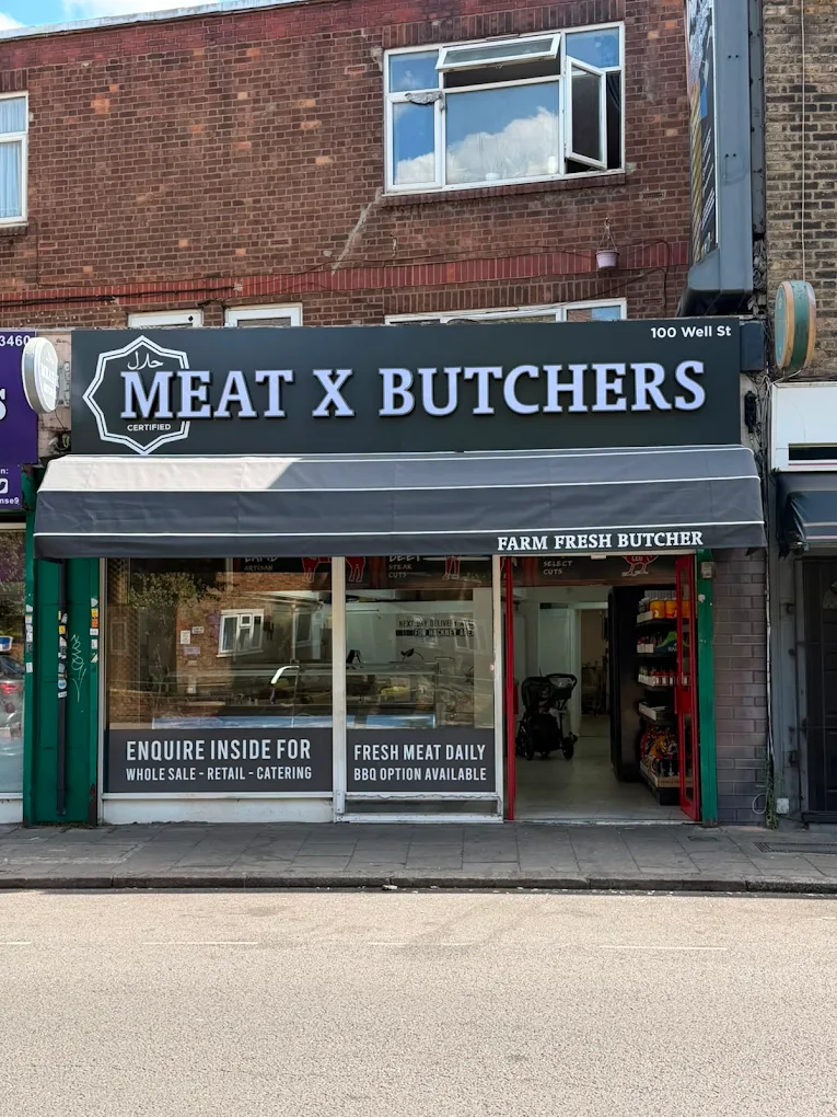 The Meat X Butchers shop front at 100 Well Street, Hackney